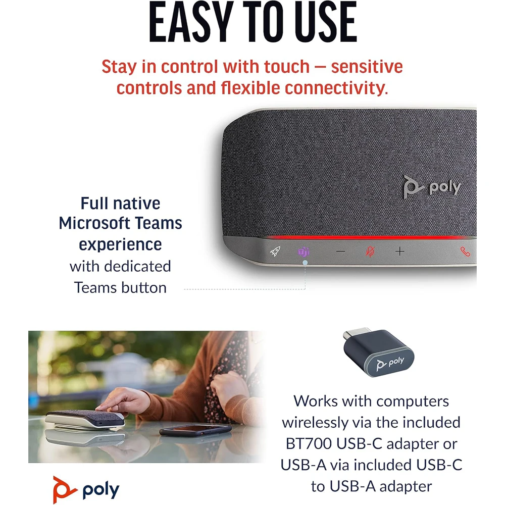 Poly Sync 20+M Speakerphone +USB-A to USB-C Cable +BT700 Dongle +Pouch Noise/Echo Reduction USB-C Bluetooth Adapter, Up 20 Hours