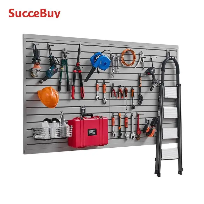 SucceBuy 8x4ft White/Grey Slat Wall Paneling PVC Garage Slatwall with Accessories Adjustable Tool Storage Panel Fits for Display