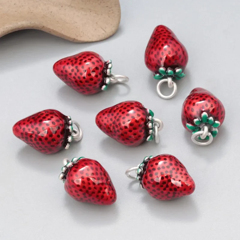 Vintage Enamel Red Strawberry Pendant For Jewelry Making Ethnic 3D 925 Sterling Silver DIY Material Can Make Bracelet Necklace