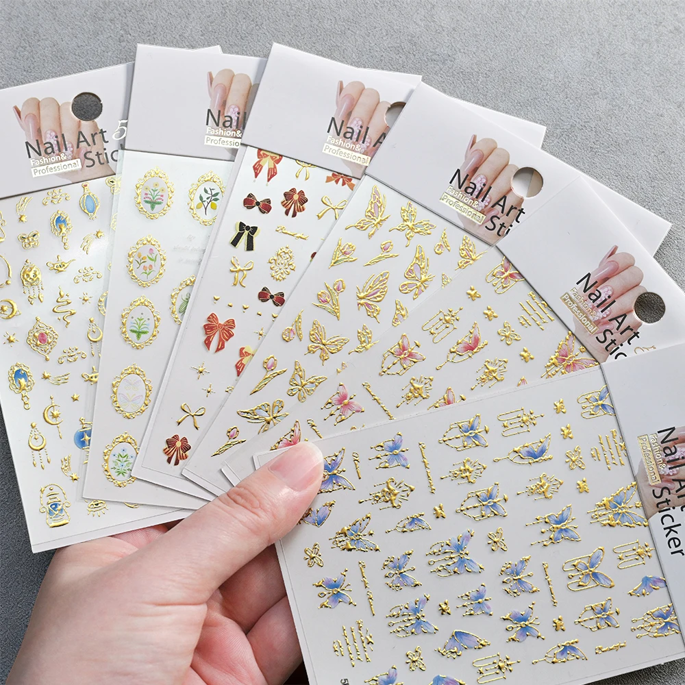 1Sheet 5D Exquisite Butterfly Nail Sticker Luxury Bronzing Pink Blue Butterfly Bow Nails Art Sliders 10*8cm Adhesive Nail Decals