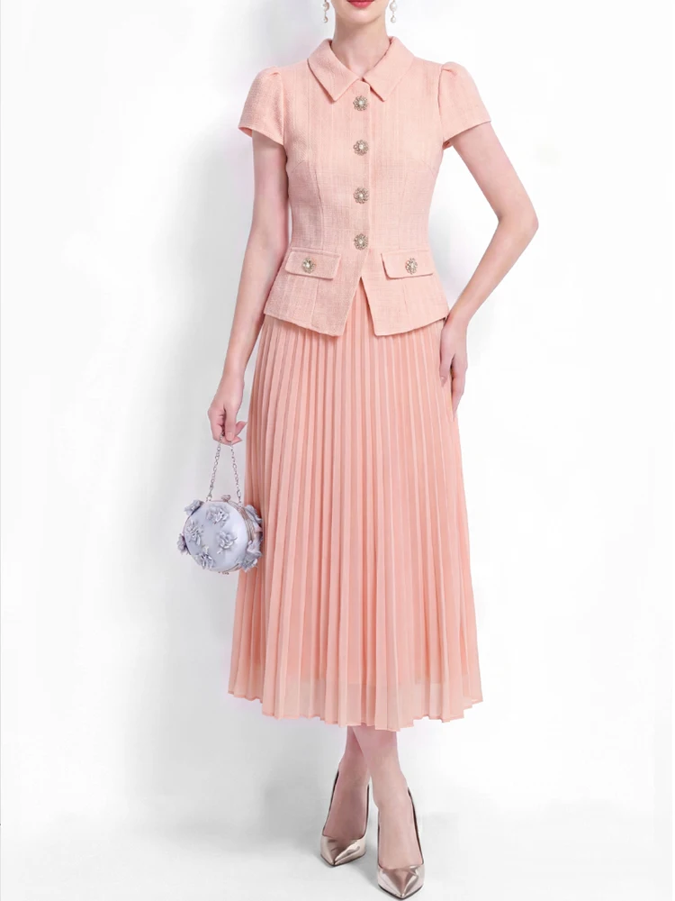 Elegant Chiffon Patchwork Round Neck Short Sleeved Pleated Dress 2026 New Fashionable Women'S Clothing