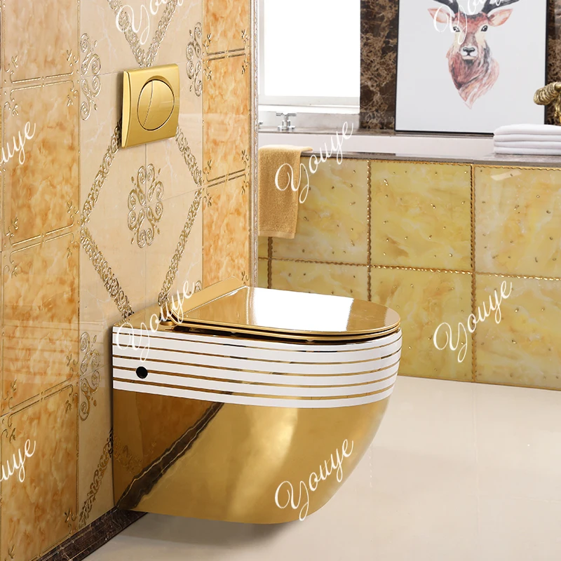 Wall-mounted golden toilet small apartment household hanging color toilet into the wall hidden embedded toilet