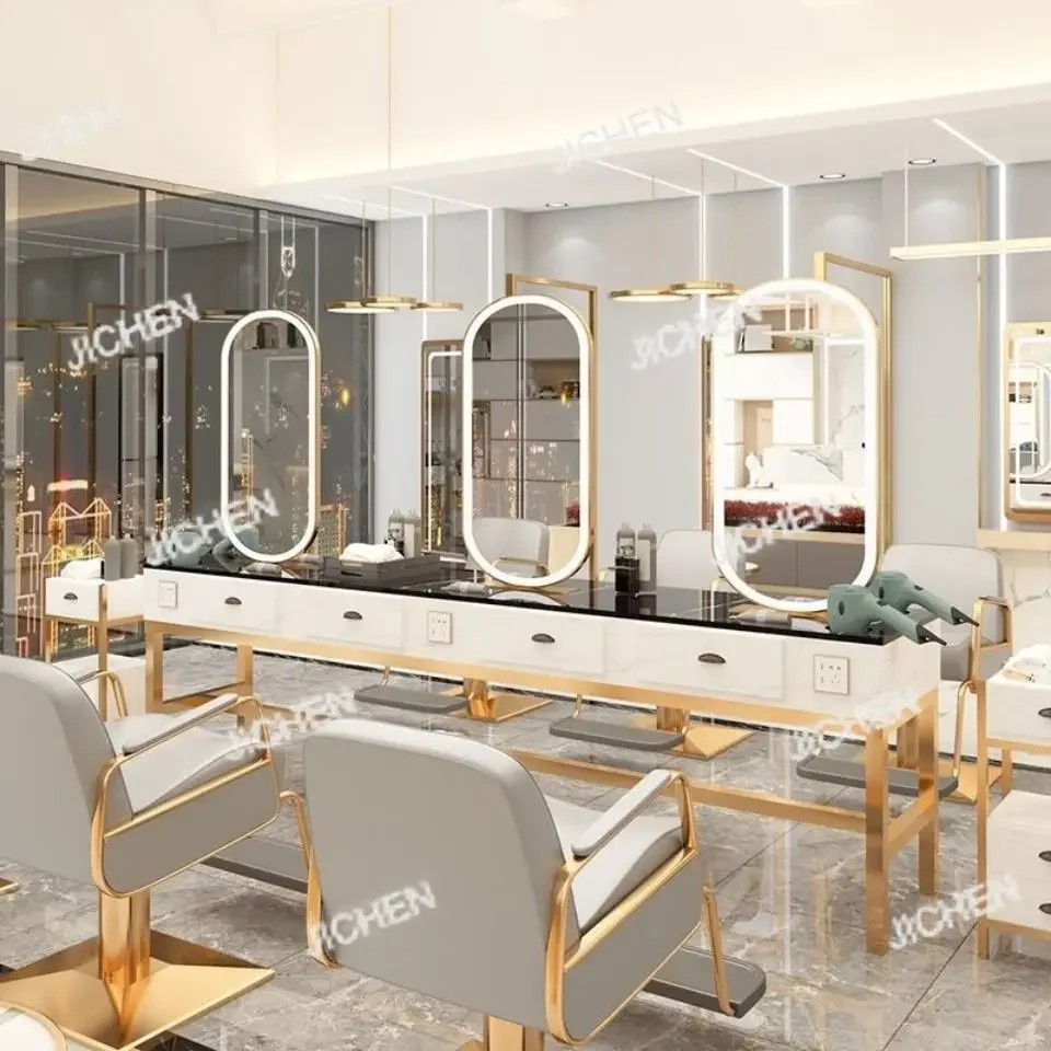 

HS Barber shop mirror, desk lamp, hair salon, hair mirror, makeup four-sided marble surface, hair cutting, perm and dyeing tabl