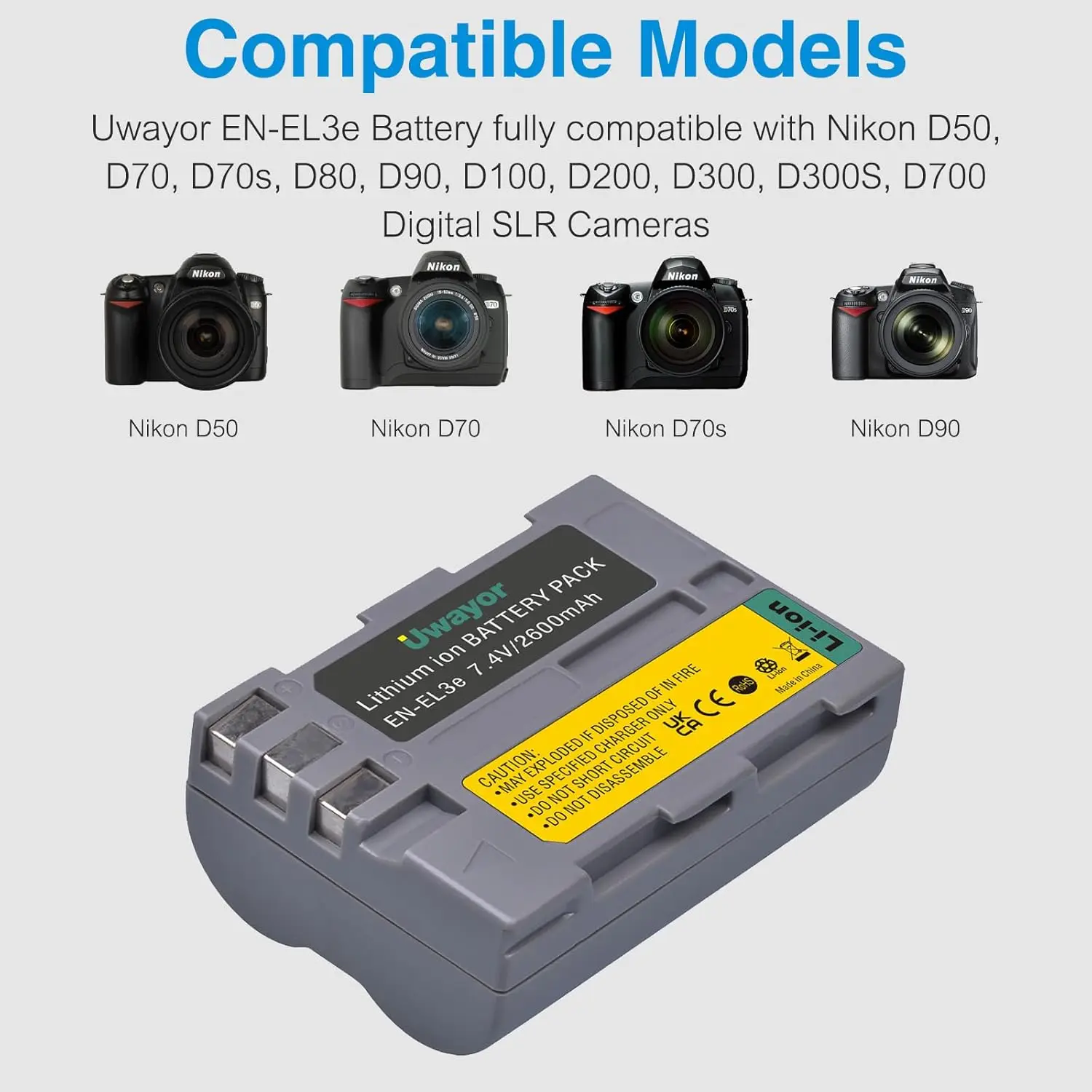 UWayor EN-EL3e Battery and Charger Set for Nikon D50, D70, D70s, D80, D90, D100, D200, D300, D300S