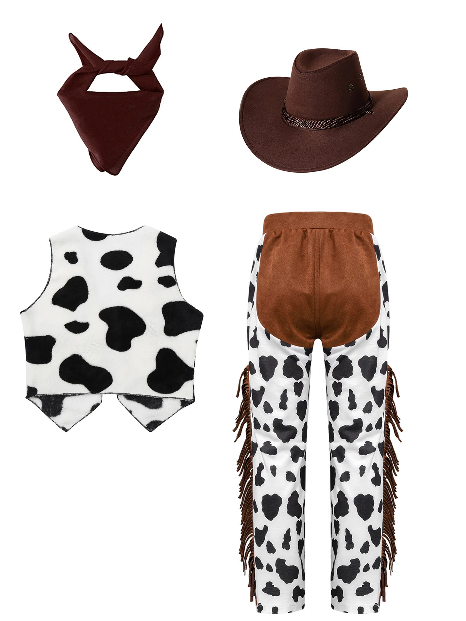 Kostum koboi Barat anak-anak pakaian koboi anak perempuan anak laki-laki celana pendek dengan rompi dan topi bandana koboi perempuan berdandan pesta Halloween