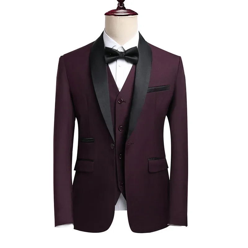 

022-L Suit groom's wedding suit men's slim fit wine red groomsman dress