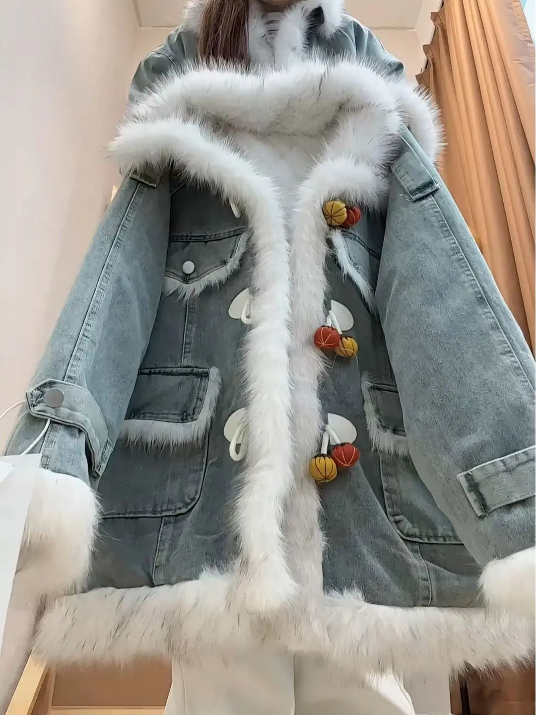 Chaqueta de mezclilla con capucha talla grande 300 Pou, estilo patchwork con plumas de águila de montaña, para hombre y mujer, ropa de trabajo americana para otoño e invierno