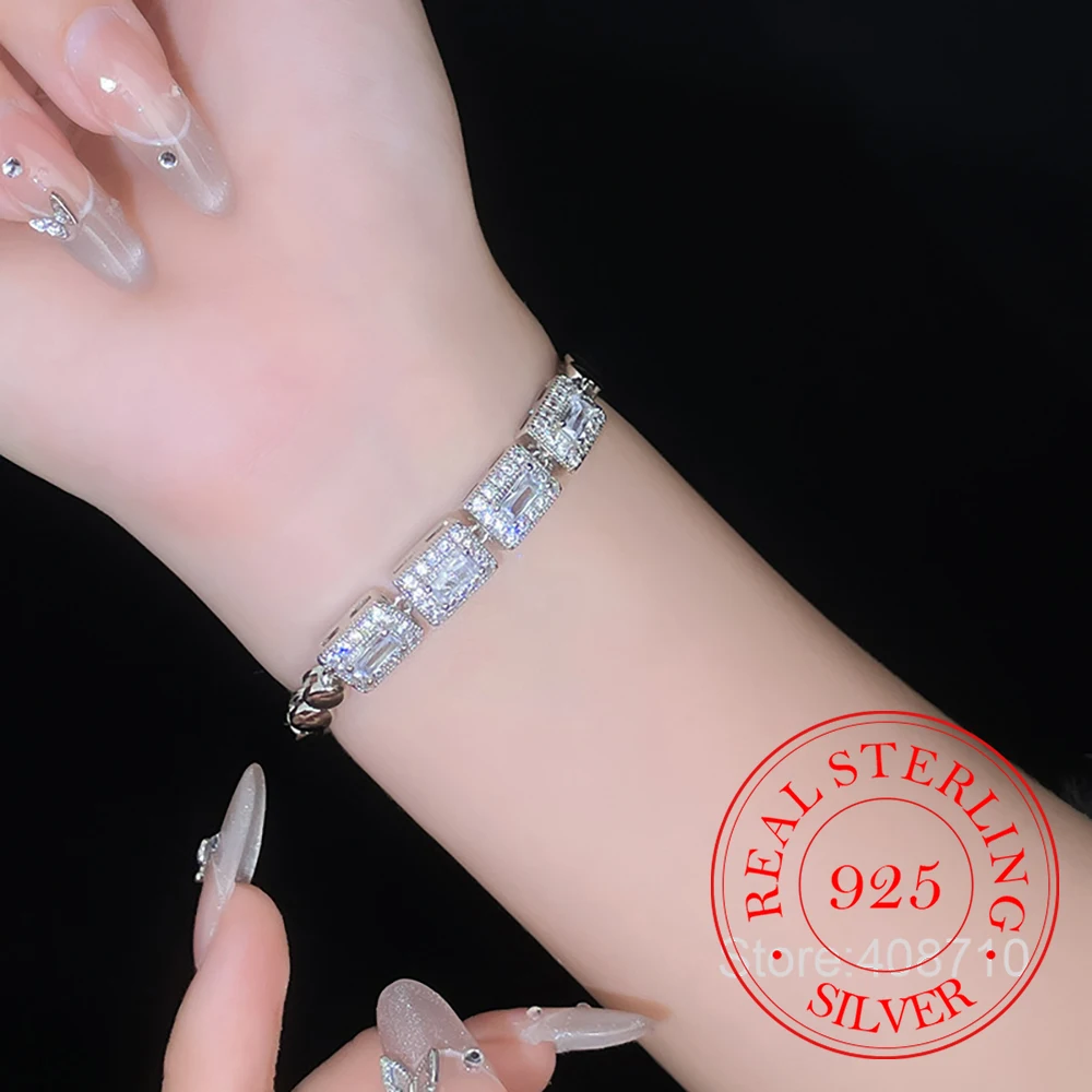

Стерлингового Серебра 925, квадратные цирконовые хрустальные бусины, шариковый браслет для женщин, роскошные серебряные украшения, подарок для свадебной вечеринки