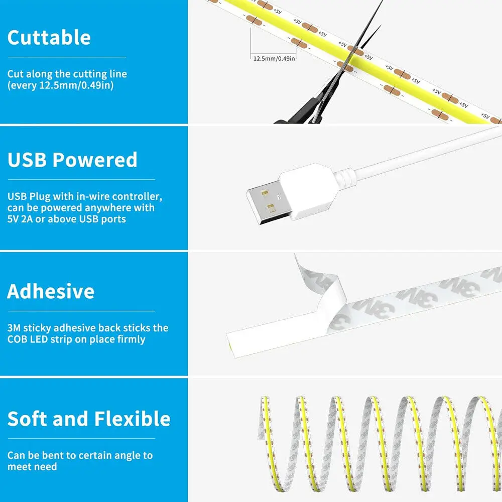 USB WiFi COB LED قطاع ضوء 5 فولت 1 متر 2 متر 3 متر 4 متر 5 متر عكس الضوء خزانة مرنة غرفة نوم ضوء تويا الحياة الذكية APP الأب أليكسا جوجل المنزل