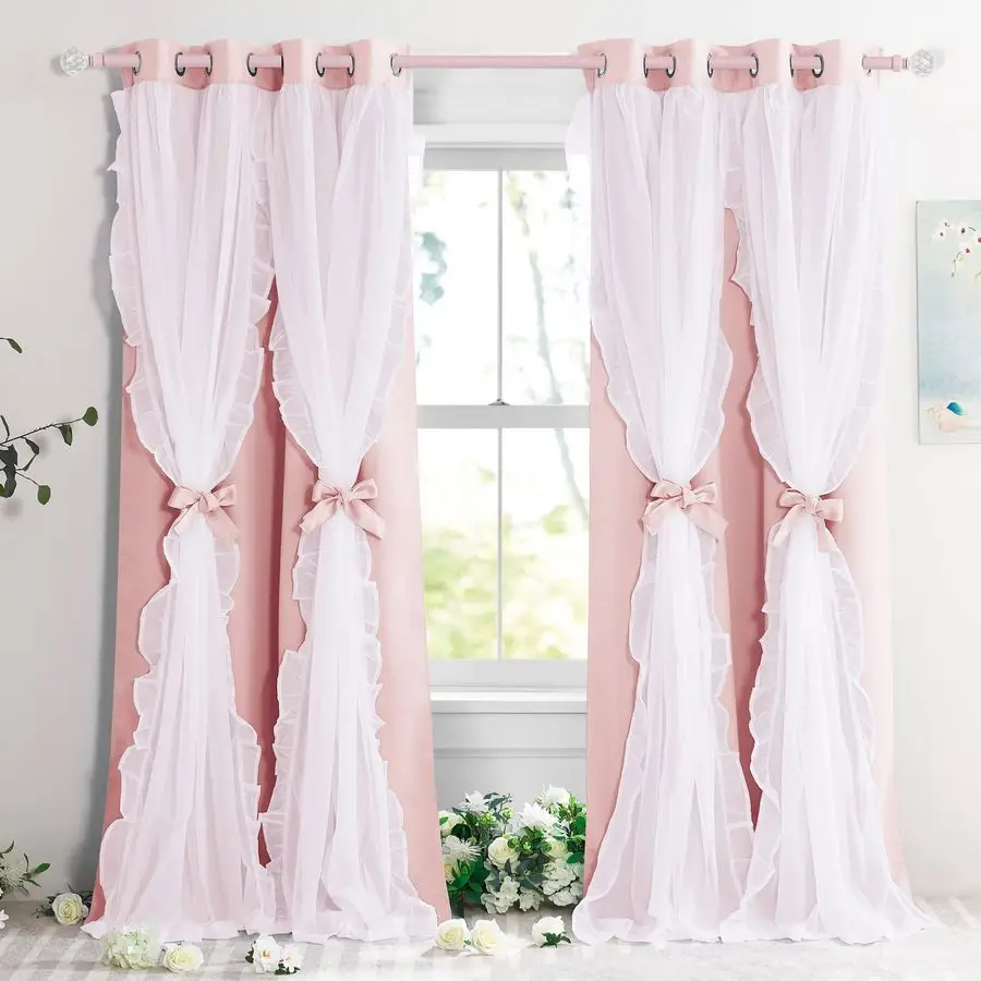 

Pink Curtains, Double Layer Bow Curtains with Ruffle Sheer Overlay for Girls Bedroom,Shabby Chic Room Darkening Drapes in Coquet