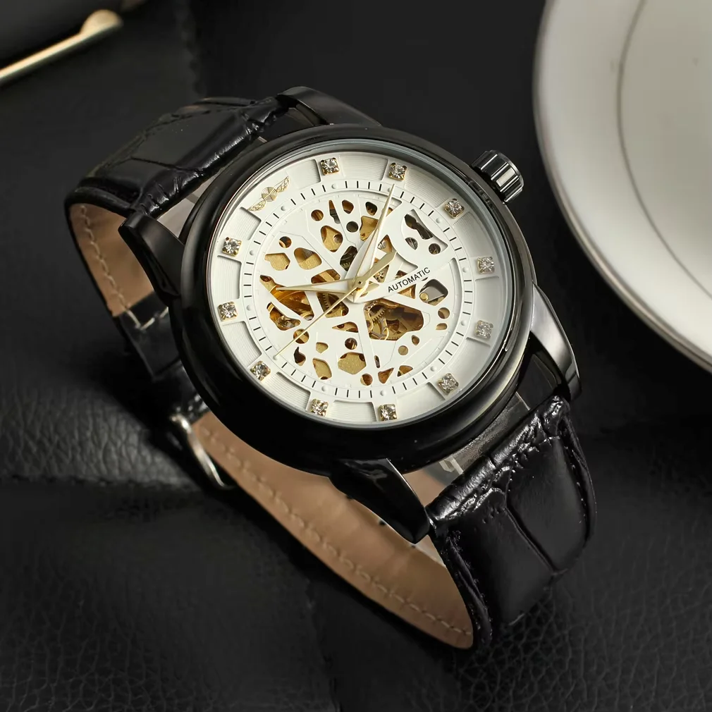 T-winner Mechanical watch Hollow out mesh pattern crystal scale Mechanical watch Round black belt wrist watch Men's Watch