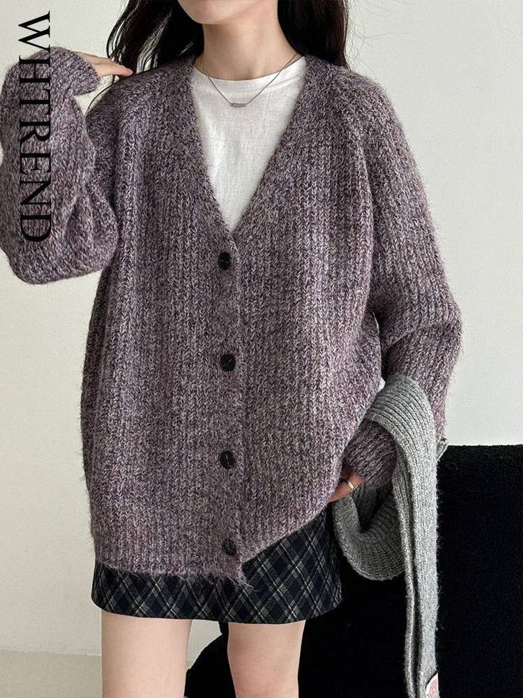 

WHTREND корейский стиль свободный шерстяной вязаный кардиган с v-образным вырезом и цветочным принтом для женщин осень-зима новое свободное пальто WH1860