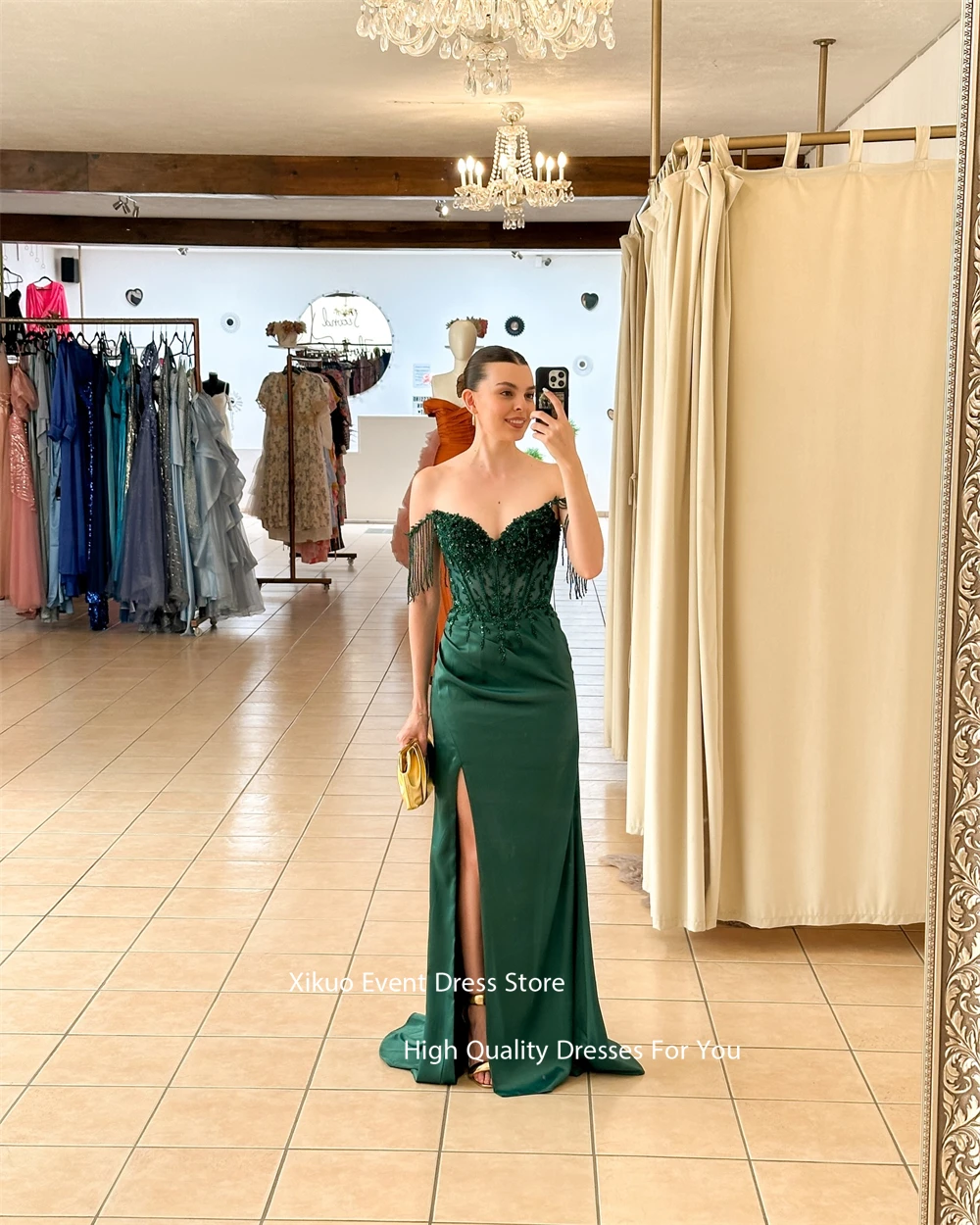 Xikuo Vintage Satin Quaste Meerjungfrau Abendkleider Formelle Kleidung Frau Party Hohe Schlitz Grün Gefrieste Abendkleid Angepasst