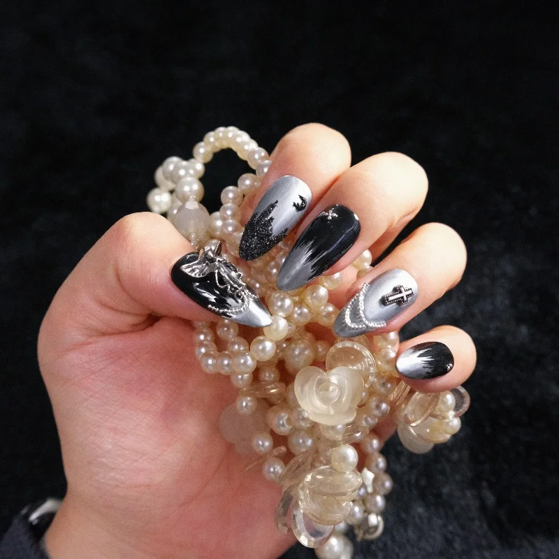 

10PCS Spice Girls Gothic Press on Nails Medium Almond Shape Dark Red Vampire French Tip with Diamonds Decor Handmade Nails Chic