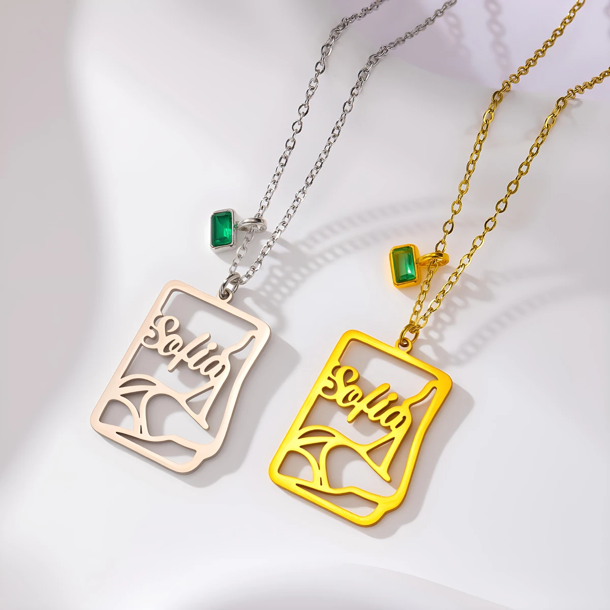 Chandler Custom Name Stainless Steel Square Dancing Cat Zircon Pendants Necklace Women Jewelry Cat Rhinestone Clavicle Chain