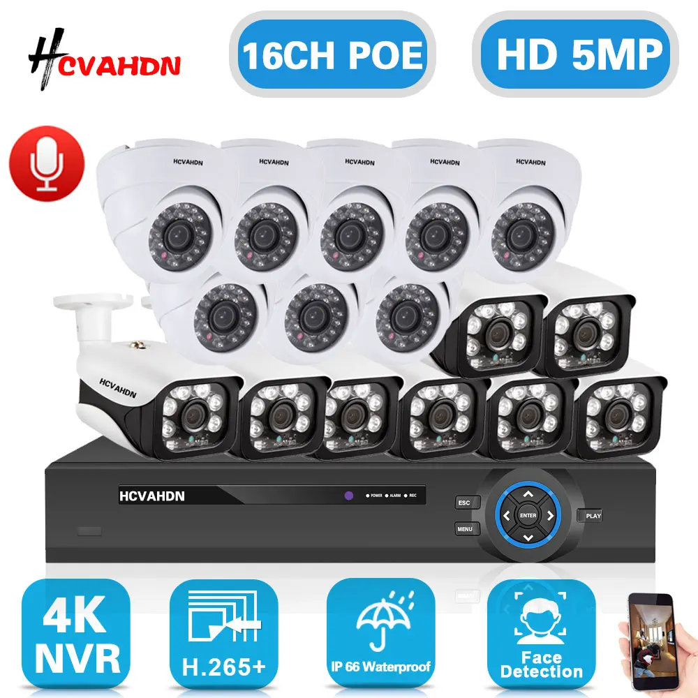 

5MP 16 Channel CCTV Camera Security System Kit 4K POE NVR Kit Outdoor Waterproof Audio IP Monitoring Camera System Set 16CH 8MP