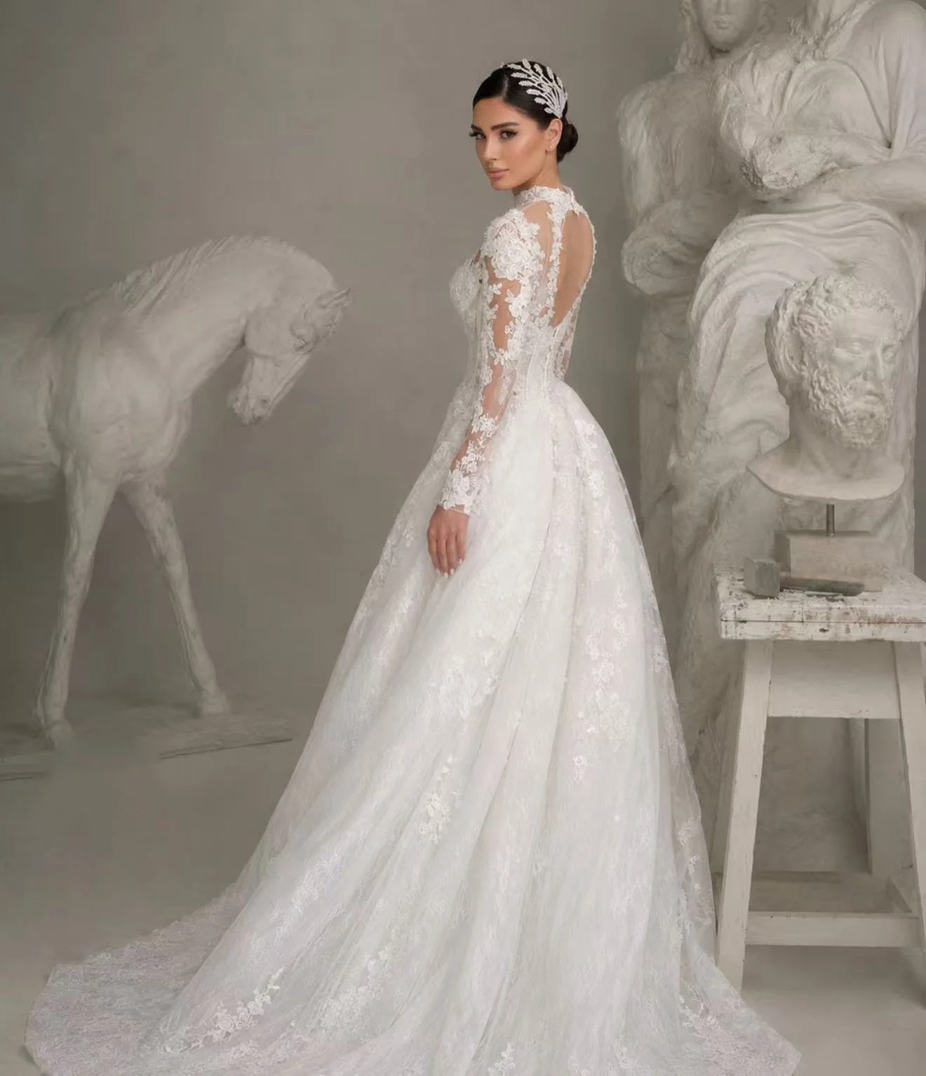 High Neck Illusion Long Sleeve Lace Mermaid Wedding Dress Detachable Overskirt Corset Cathedral Train Custom Plus Size Vestidos