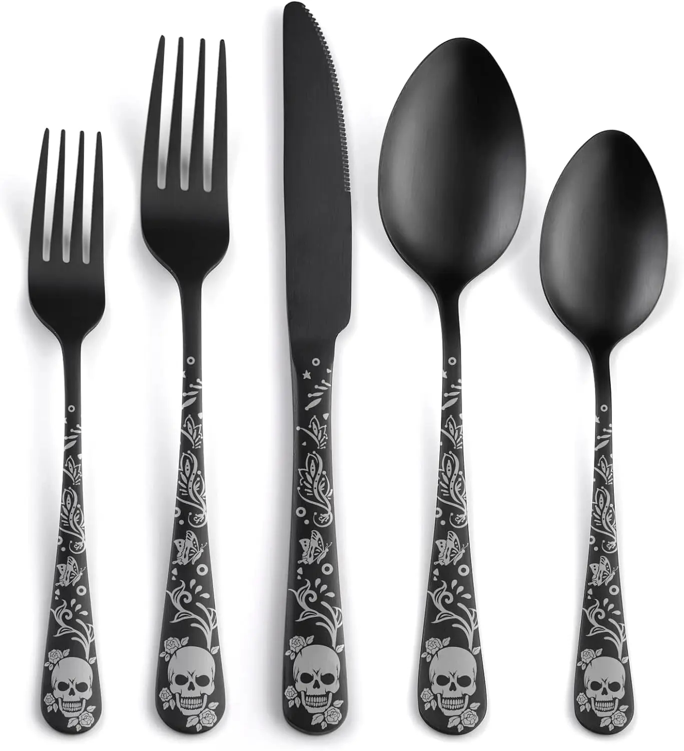 

40-Piece Black Skull Pattern Flatware Set for 8, Stainless Steel Cutlery with Gothic Design
