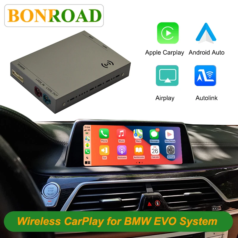 Bonroad Wireless CarPlay Android Auto Decoder Box For BMW EVO System 1 2 3 4 5 6 7 Series X1 X3 X4 X5 X6 I3/I8 MINI F20 F30, F20, F15, G30, G38, G11, G12 Support Android Auto Mirror Link Navigation
