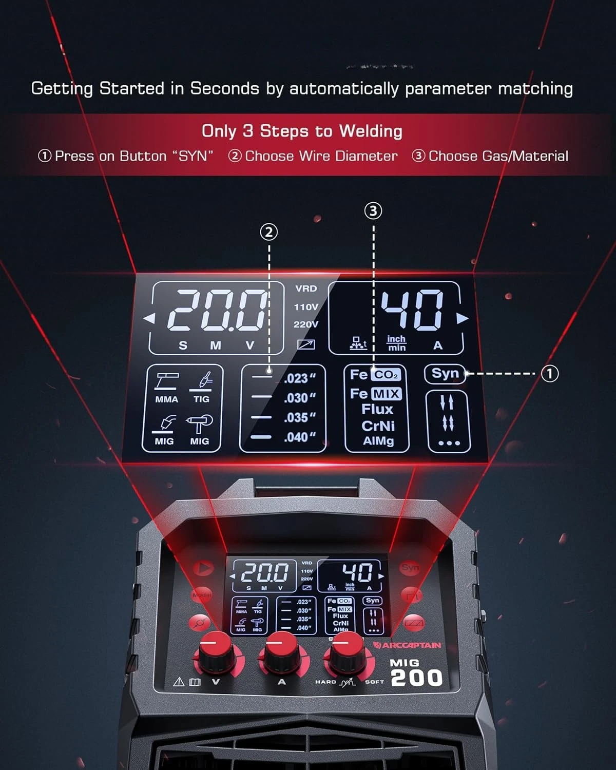 

MIG Welder, 200Amp 6 in 1 Gas MIG/Gasless Flux Core MIG/Stick/Lift TIG/Spot welding/Spool Gun 110V/220V Aluminum Multi