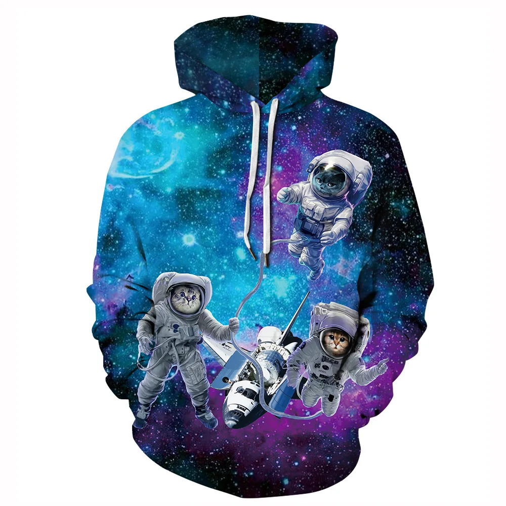 Animal Cat Astronaut Brush Space Galaxy Printed Harajuku Style Men Hoodie Women Hooded Sweatshirt Spring Autumn Pullover Clothes