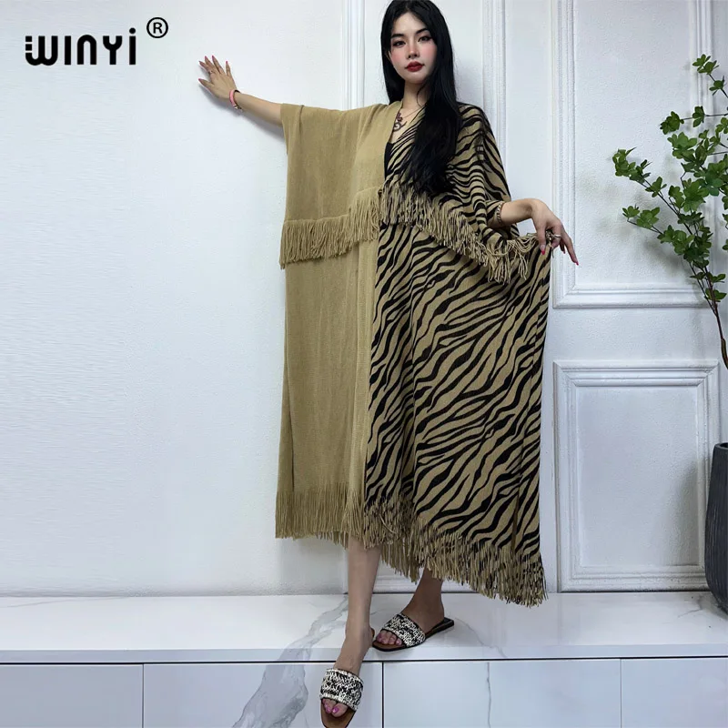 WINYI-Casaco de malha com estampa leopardo para mulheres, cardigã maxi, vestido de festa, casaco grosso quente, moda feminina, inverno