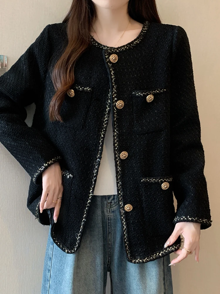 

Черное твидовое короткое пальто женское, модное, на пуговицах, оверсайз, с индивидуальным дизайном, для повседневной носки, свободного кроя, с длинными рукавами, круглым вырезом