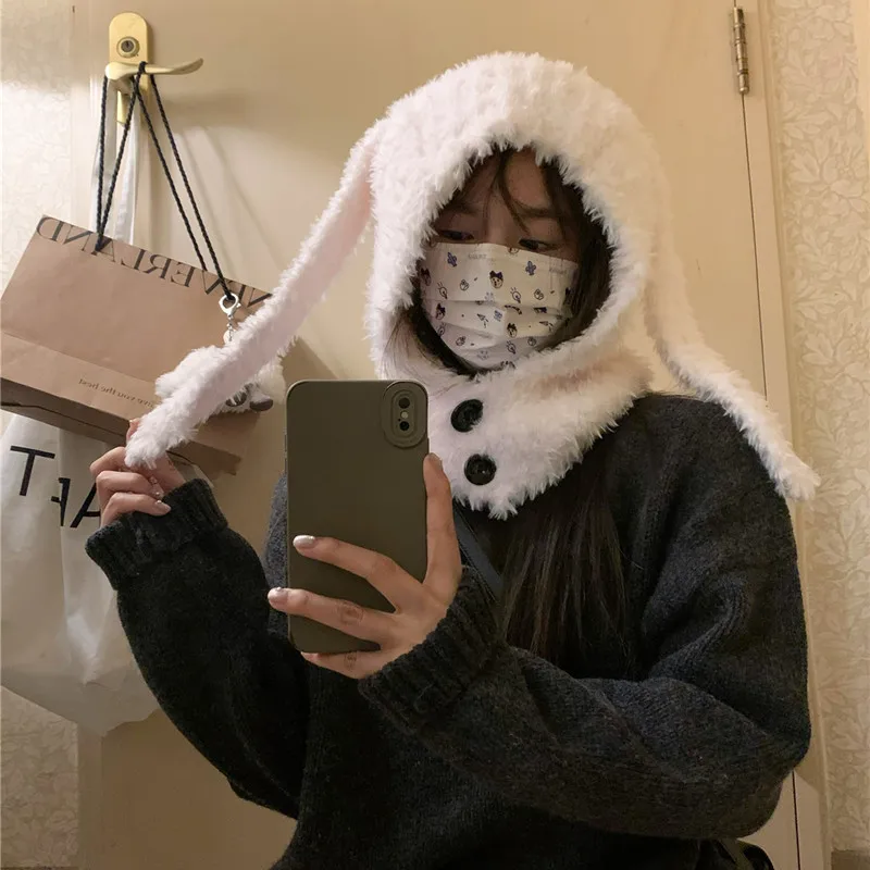 Y2K Style Cute Plush Long Ear Rabbit Hat for Women, Warm and Ear-Protecting Balaclava Hat, Autumn Winter Beanie Cap