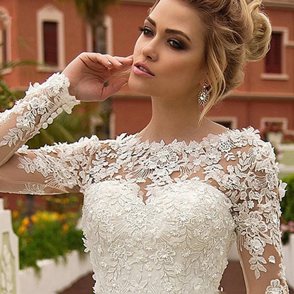 

Customized Elegant White O-Neck Appliques Long Sleeves Wedding Dresses A-Line Floor Length Court Train Lace Up vestido de novia