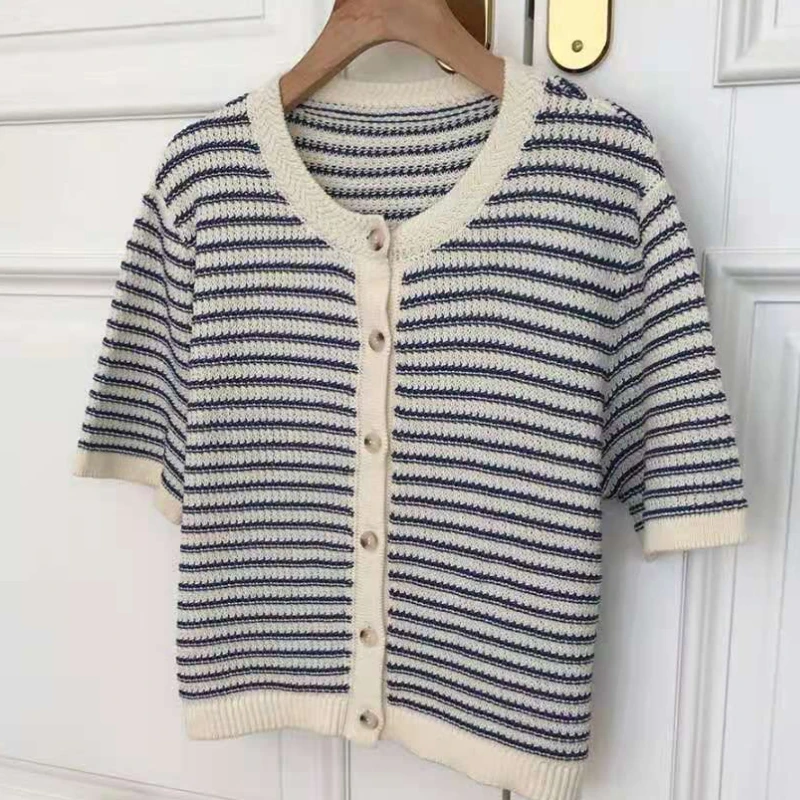 Cardigan Women Summer Breathable Elegant Striped Trendy New Single Breasted Short Sleeve Knitted Jumpers Female O-neck Tender BF