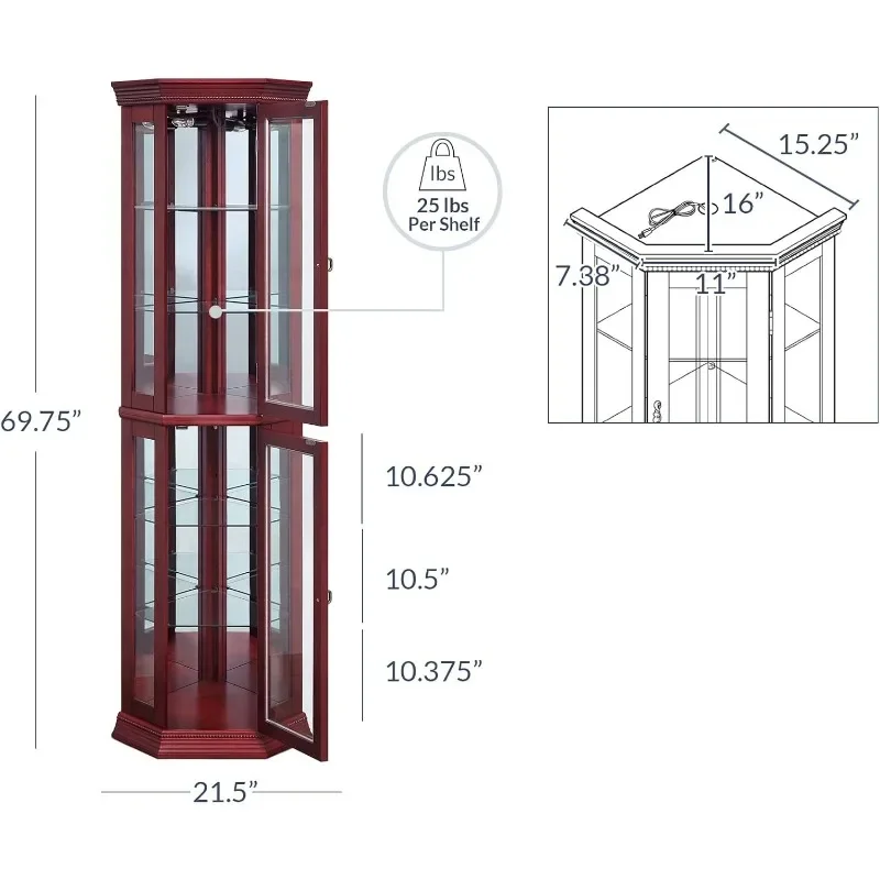 Lighted Wooden Corner Display Curio Cabinet,Two Section Shelving Unit with Tempered Glass Door Bar Liquor Storage Area 6 Shelves