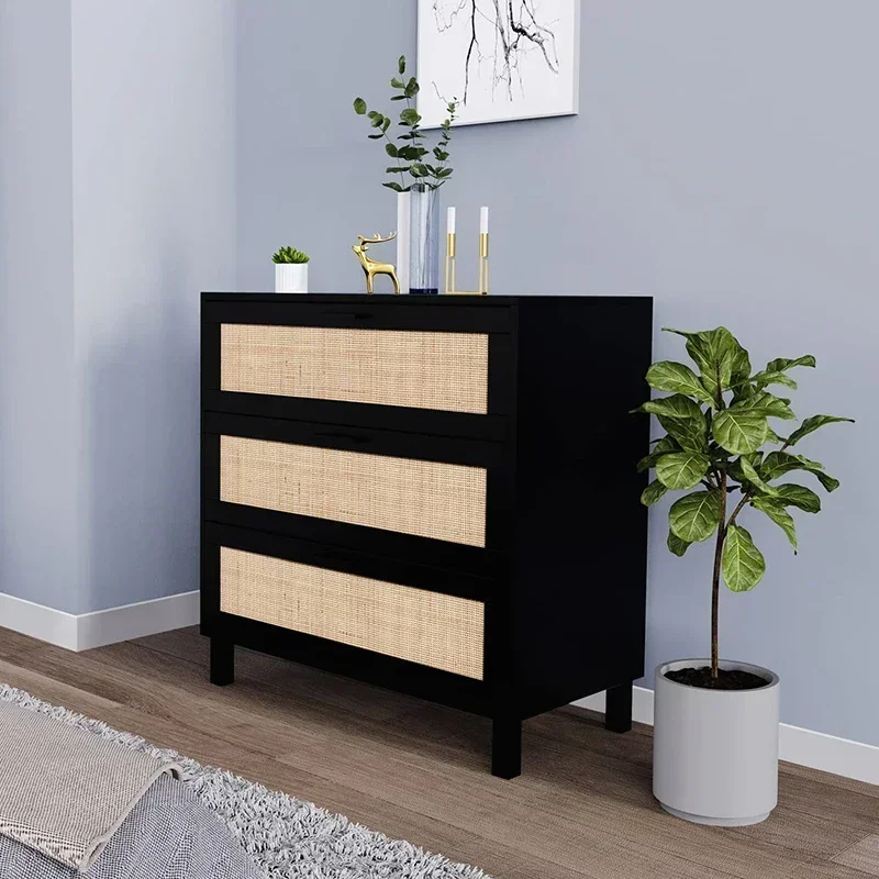 

#Modern One Drawer MDF Wood and Rattan Nightstand Bedroom and Living Room Bedside with Storage Black