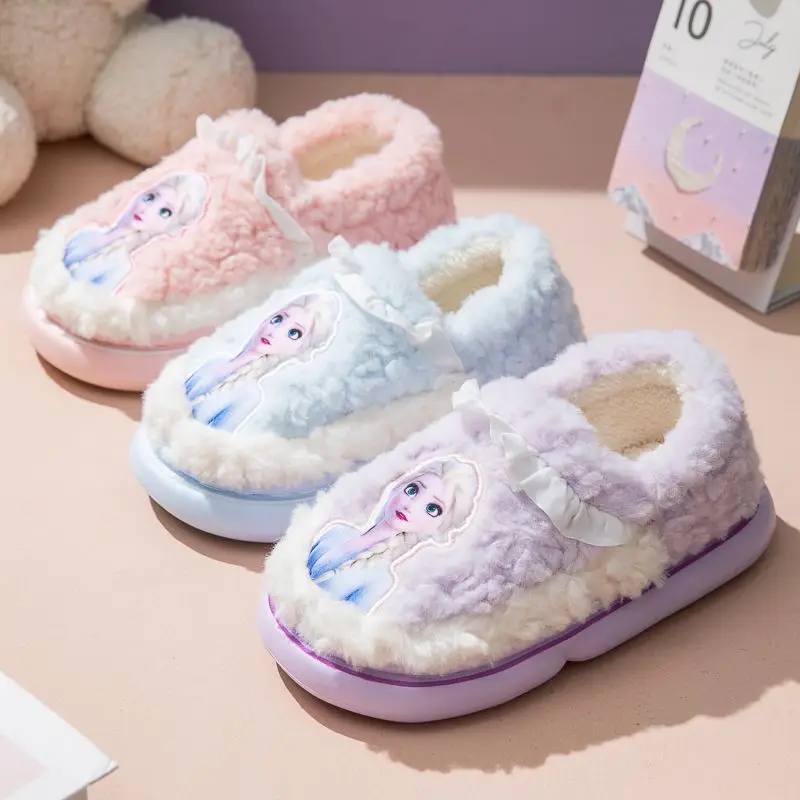 Chaussons en coton Disney pour enfants, chaussures de princesse Elsa, chaussures anti-ald, légères, optiques, talon astronomique, chaudes, mignonnes, maison, intérieur, filles