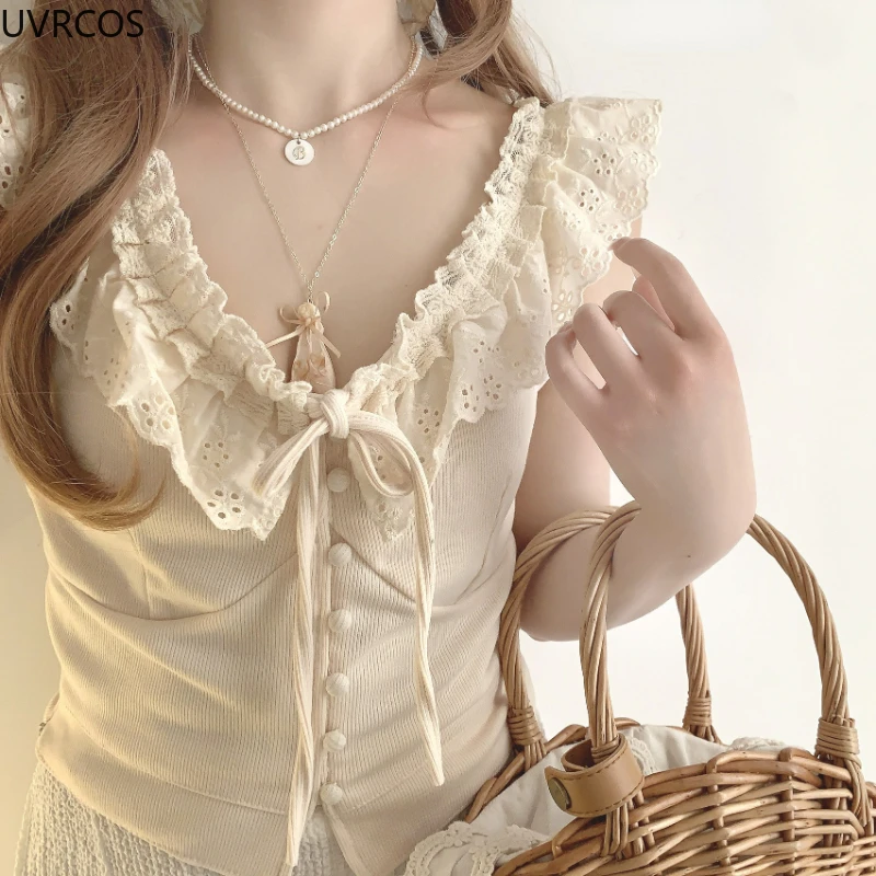 Summer Sweet Lolita Style ruffles Lace Camis Tops Women Button bandage Kawaii Crop Tanks Cute Slim Vest Girls Aesthetic Clothes