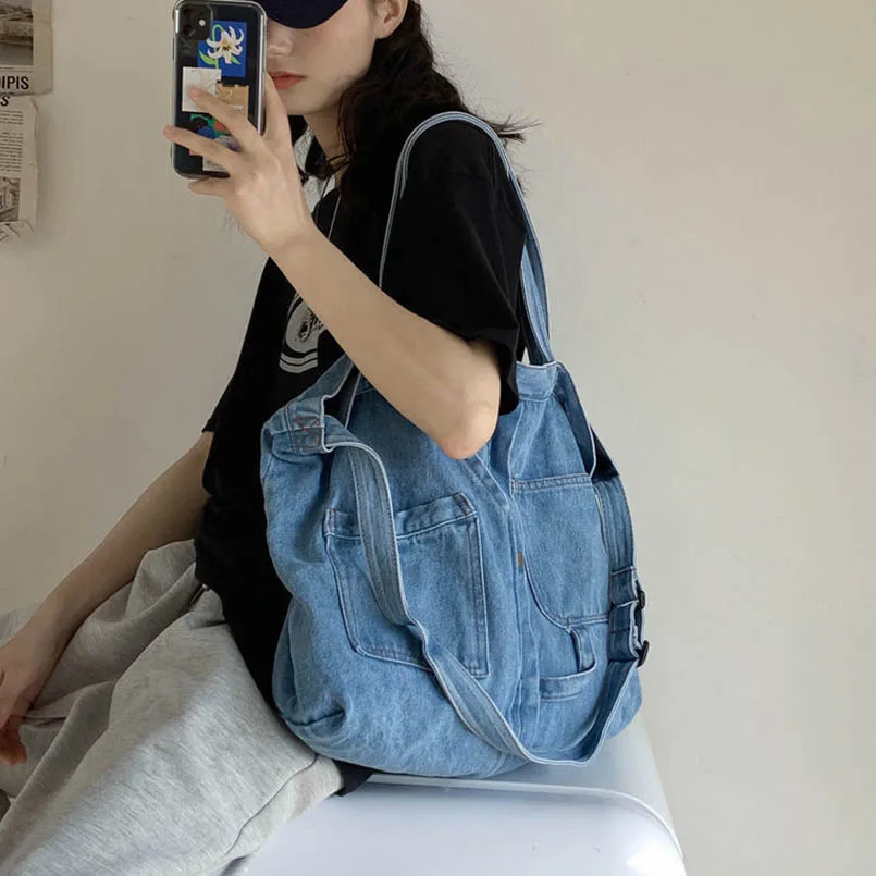 

Denim Unisex Campus Large Capacity Multiple Pockets Blue Shoulder Messenger Crossbody Bags Tote Handbag Laptop Jean Men Purse