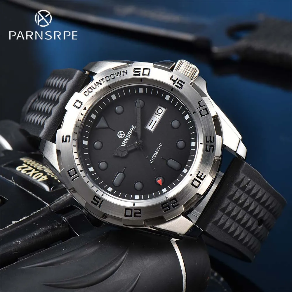 

PARNSRPE Men's Mechanical Watch Latest Luxury Matte Black Aseptic Dial Silicone Strap Transparent Back NH36 Movement Sapphire