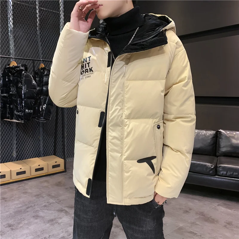 Casual 2023 Autumn Winter Men's Shiny Hooded Cotton-Padded Jackets Streetwear Bright Thick Warm Parkas Waterproof Top Down Coats