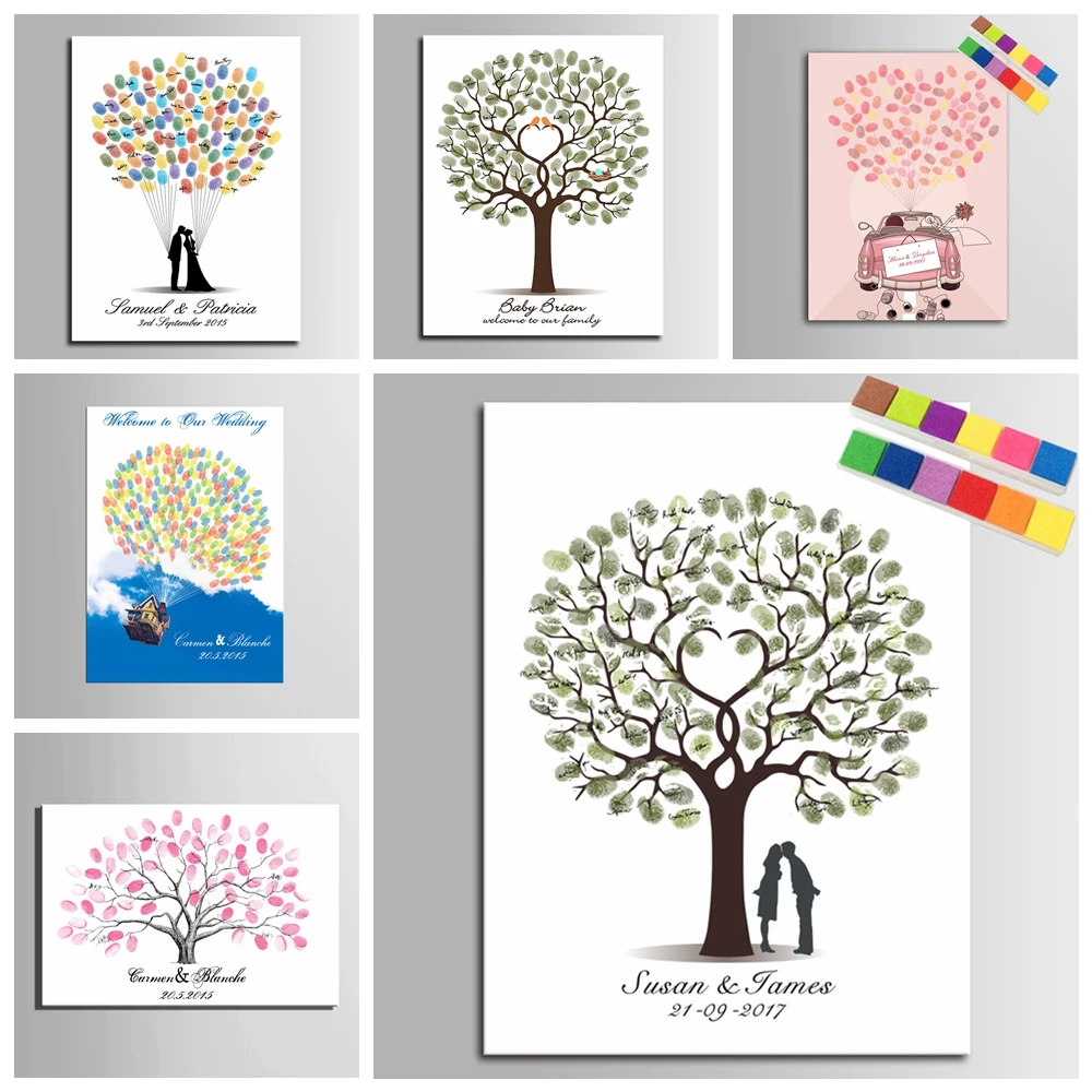 

Wedding Gift Fingerprint Tree Painting Kiss Lover Party Wedding Anniversary Signature Guest Book Canvas Painting Decoration