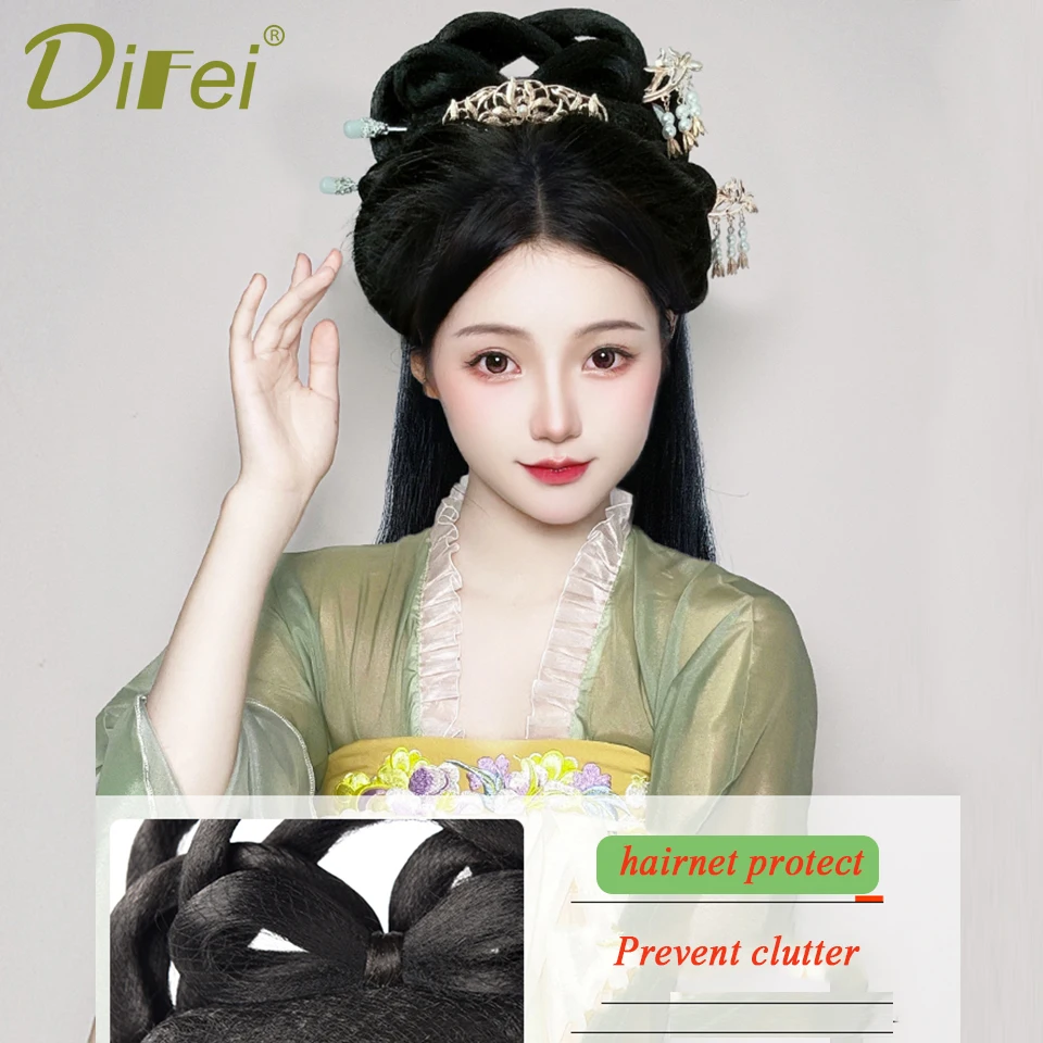 Sintetis fitur Cina Hanfu kostum wig bun dan rambut panjang dengan chignon setengah kepala headband Wig