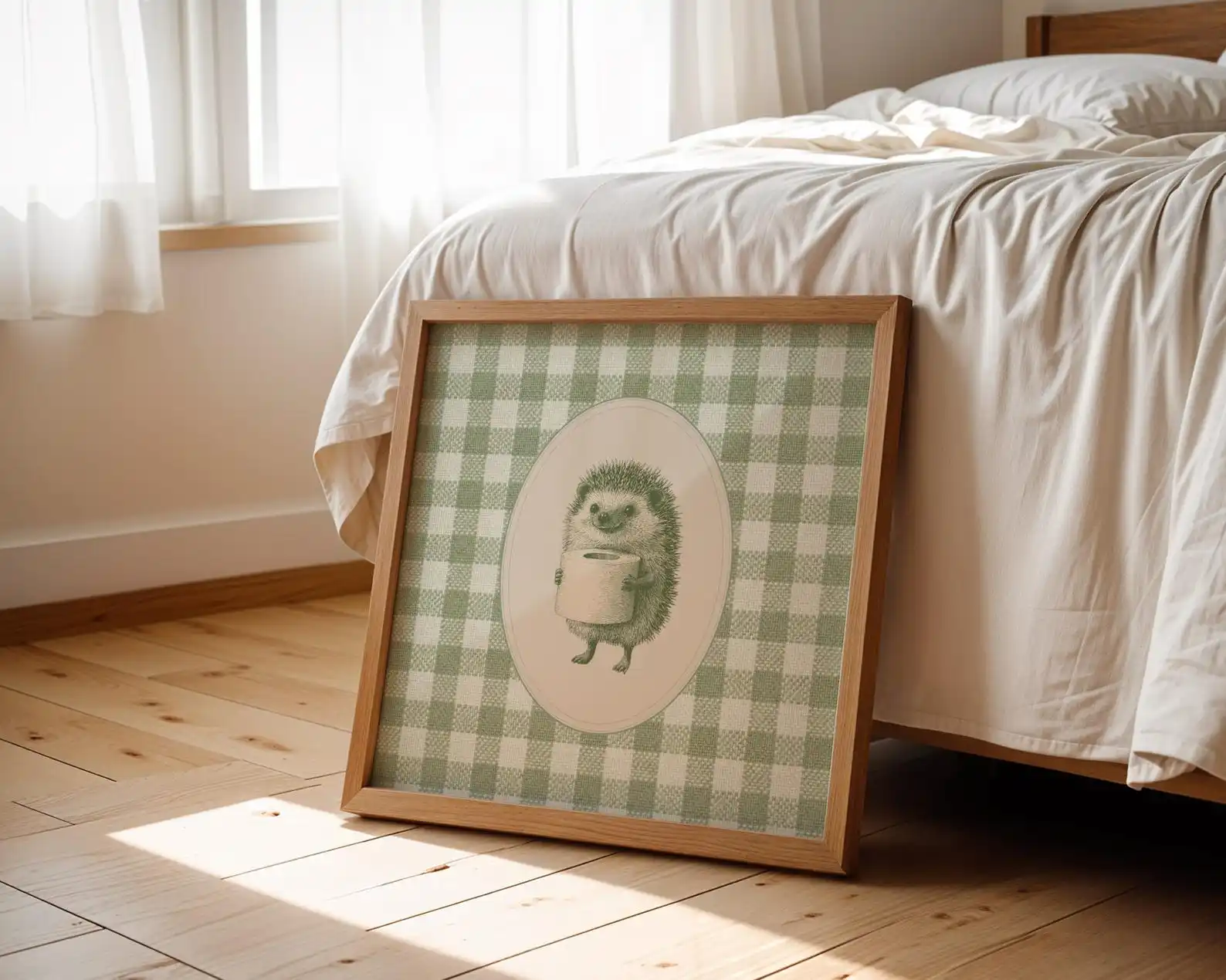 Cute Hedgehog Toilet Paper Canvas Wall Art, Green Gingham Vintage Print, Funny Neutral Country Style Bathroom Restroom Unframed