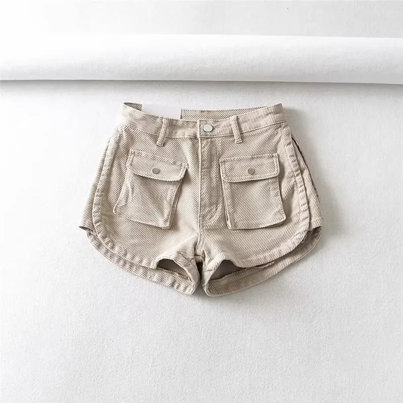 khaki split pocket cargo denim shorts women high waist hot pants 2026