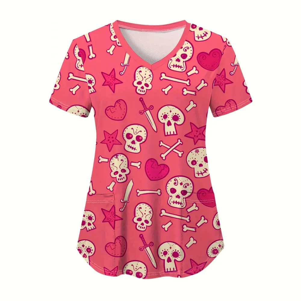 

Clinical Uniform Woman Halloween Series Cartoon Print Health Care Scrub Comfort V-Neck Short Sleeve Nursing Uniform for Women