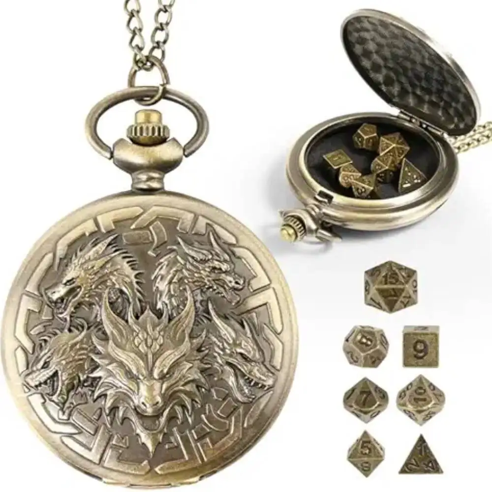 Pocket Watch box Dice Five Dragon Head DND Dice Case, Classic Five Dragon Head Retro Carving Flip Pendant Pocket Watch Case