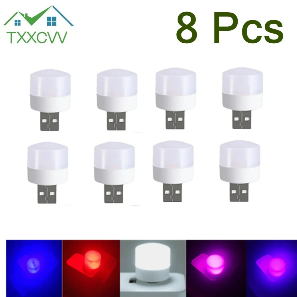 8pcs Mini USB Plug Lamp 5V Super Bright Eye Protection Book Light Computer Mobile Power Charging USB Small Round LED Night Light