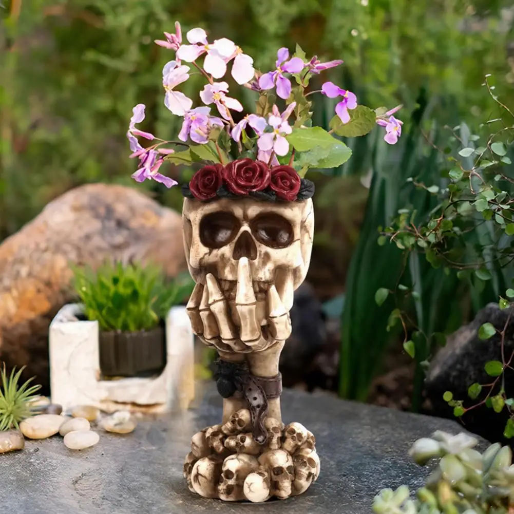 Totenkopf-Vase Ornament Totenkopf-Rosen-Skulptur „Nichts hören“ Totenkopf-Vase mit Rosen-Dekor Skelett-Figur für Halloween-Altar