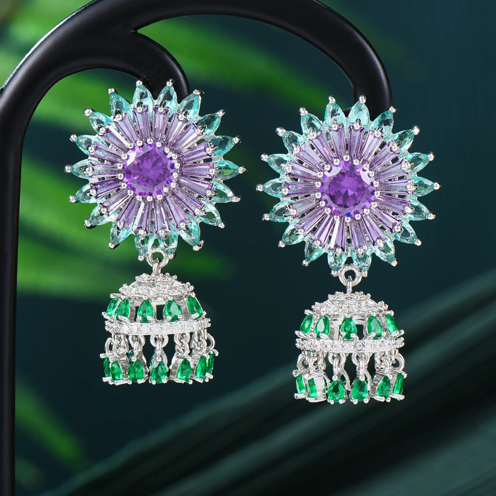 

Jimbora Luxury Sun Flower Earrings Trendy Shiny Pink CZ Full Mirco Paved Cubic Zircon Naija Wedding Fashion Jewelry Gift