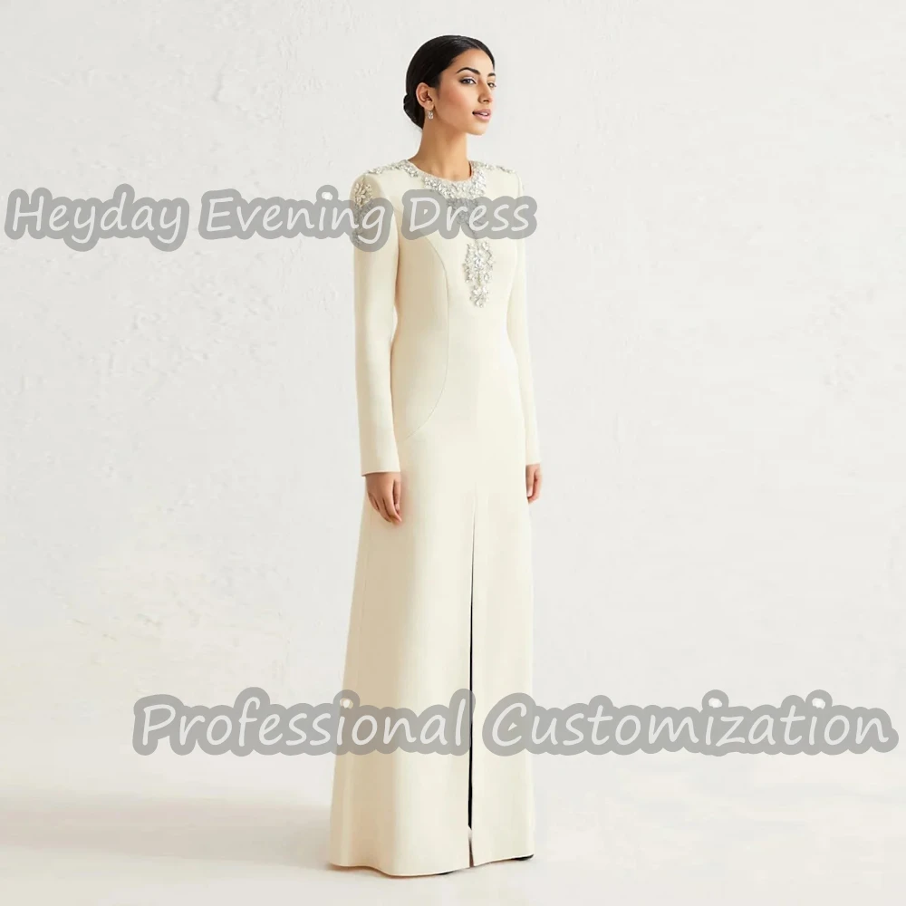 Heyday O-Neck Saudi Arabia Long Sleeves Straight Beaded Prom Gown Sexy Crepe Floor Length Elegant luxury Dress For Women 2024