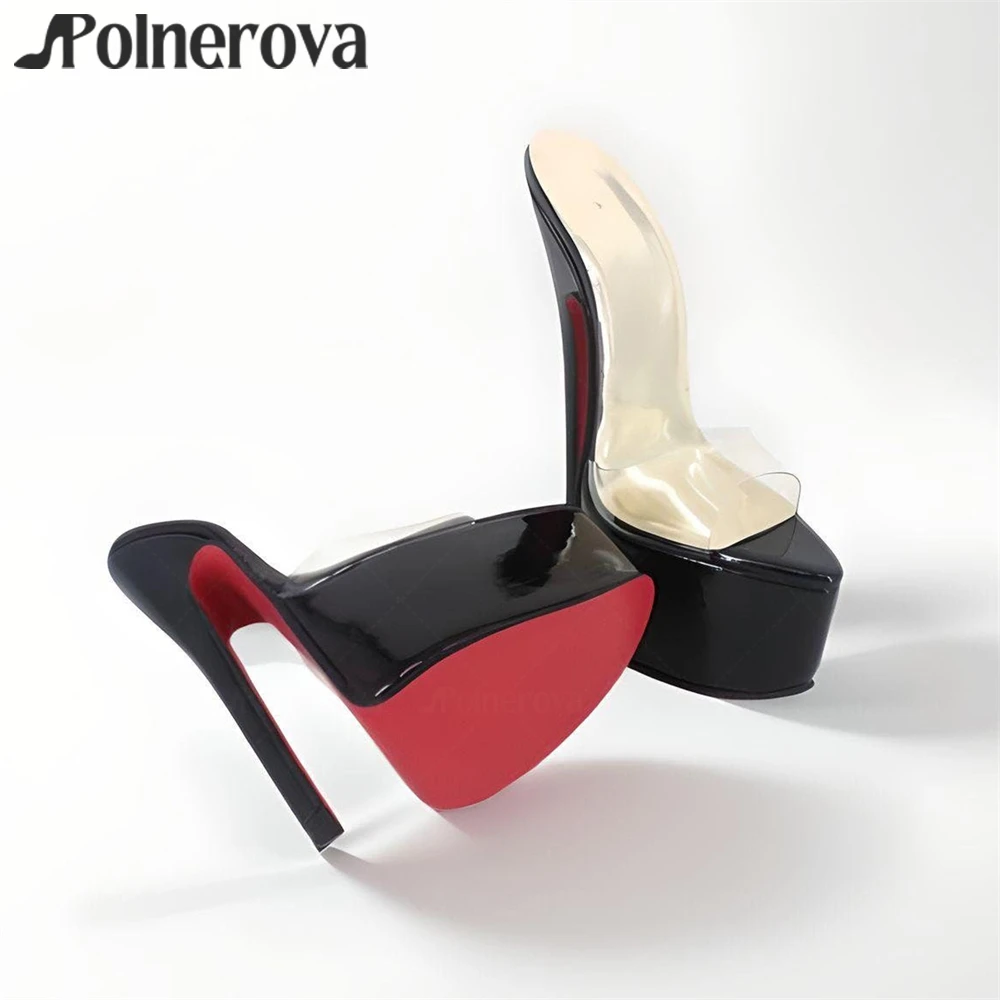 20cm Platform Sexy Mules Clear Upper Stiletto Slippers Black Patent Leather Super High Heeled Summer Shoes Customized Multicolor