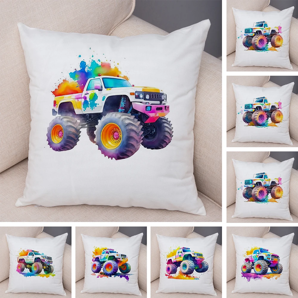 Vibrant Monster Truck Pillowcase Double Print Colorful Off Road Design Cushion Cover Soft Plush Bold Truck Theme Pillowcase
