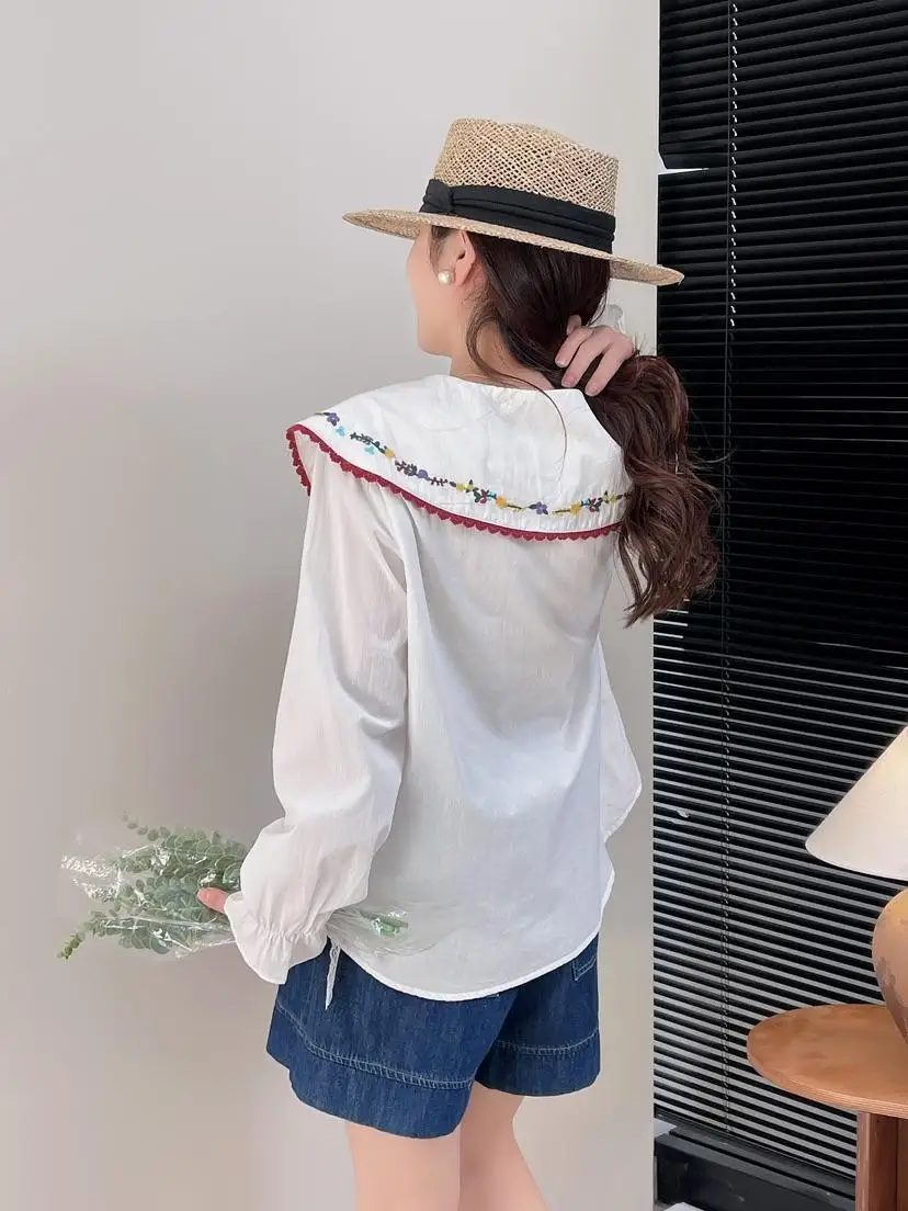 New Summer Cotton Loose Shirt Women Peter Pan Collar Long Sleeve Tops Girl Floral Embroidery Sweet Blouses 2024 Spring T43207QM